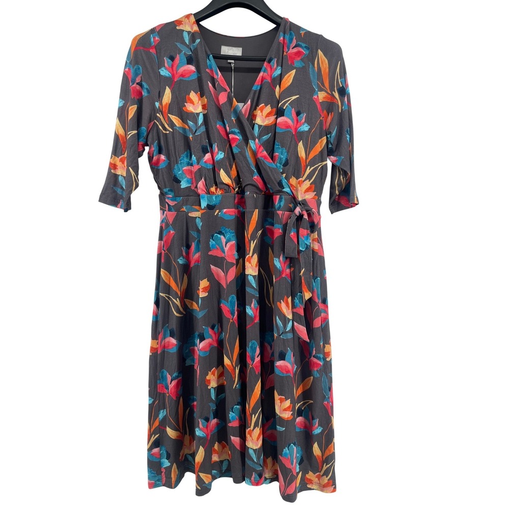 Faux Wrap Midi Dress Womens 2X Grey Floral Boho Modest Soft Lyocell Stretch NEW